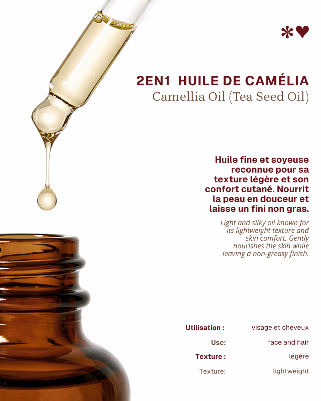 Huile de camélia – Douceur & fini soyeux pour peaux normales à mixtes et cheveux fins x 3 (40%)
